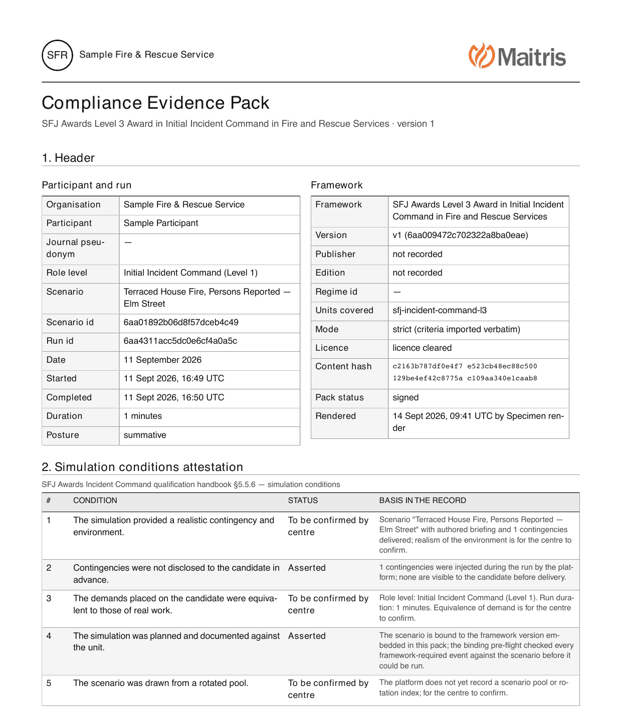 First page of a Maitris compliance evidence pack for the SFJ Awards Level 3 Award in Initial Incident Command: header, simulation conditions attestation and the start of the criteria table